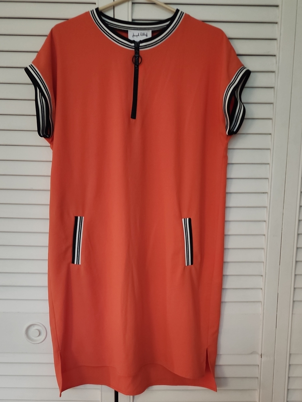 Joseph Robkoff Bright Orange Short Sleeve Shift Dress with Striped Trim